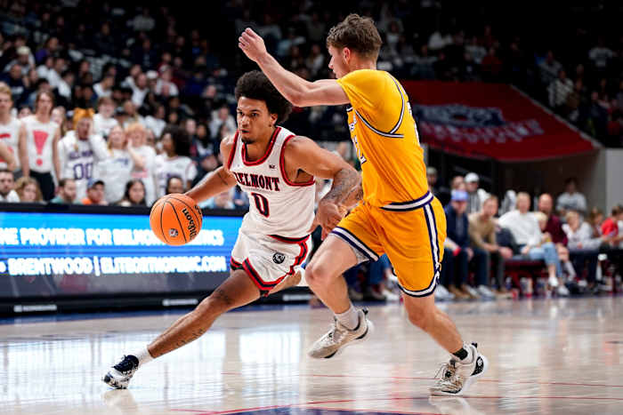 Belmont guard Ja'Kobi Gillespie (0) drives against Lipscomb guard Joe Anderson (22) during the second half at the Curb Event Center in Nashville, Tenn., Wednesday, Dec. 6, 2023.
